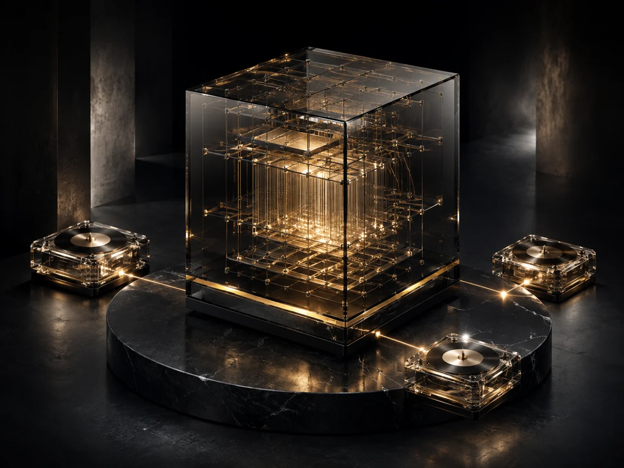 A gold illuminated glass record cube linked to smaller blocks on a dark marble foundation. Conceptual artwork.